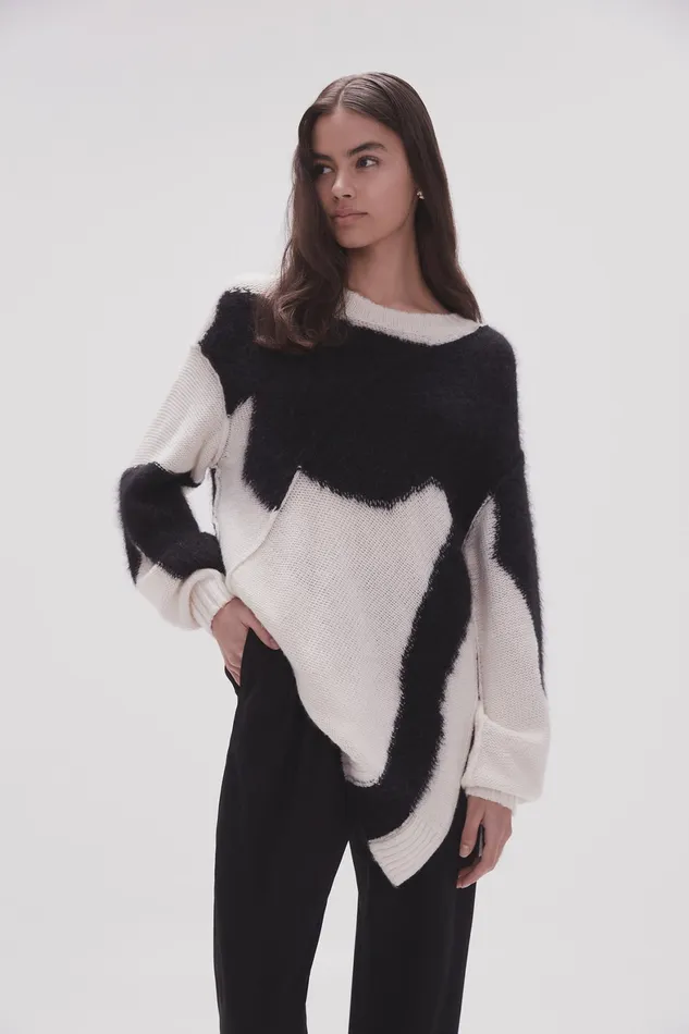 Aje Addie Intarsia Knit Jumper Blackivory Women Knitwear and Jumpers