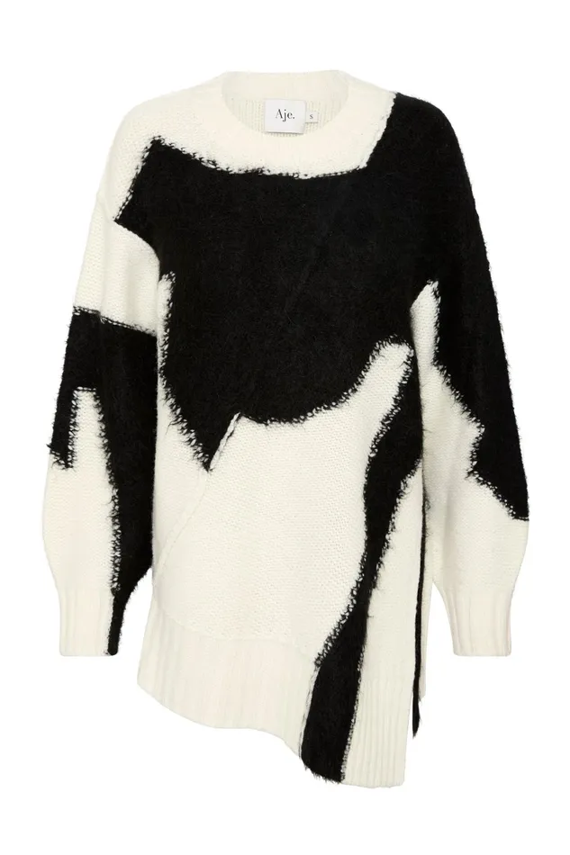Aje Addie Intarsia Knit Jumper Blackivory Women Knitwear and Jumpers