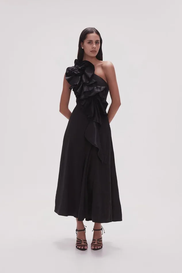 Aje Adelia Ruffle Midi Dress Black Women Dresses