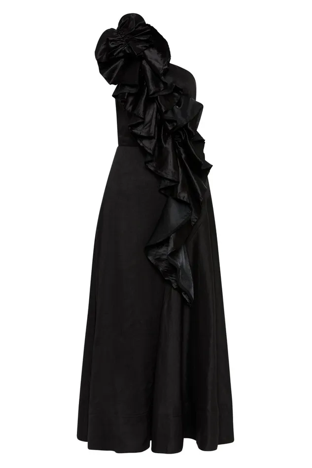 Aje Adelia Ruffle Midi Dress Black Women Dresses