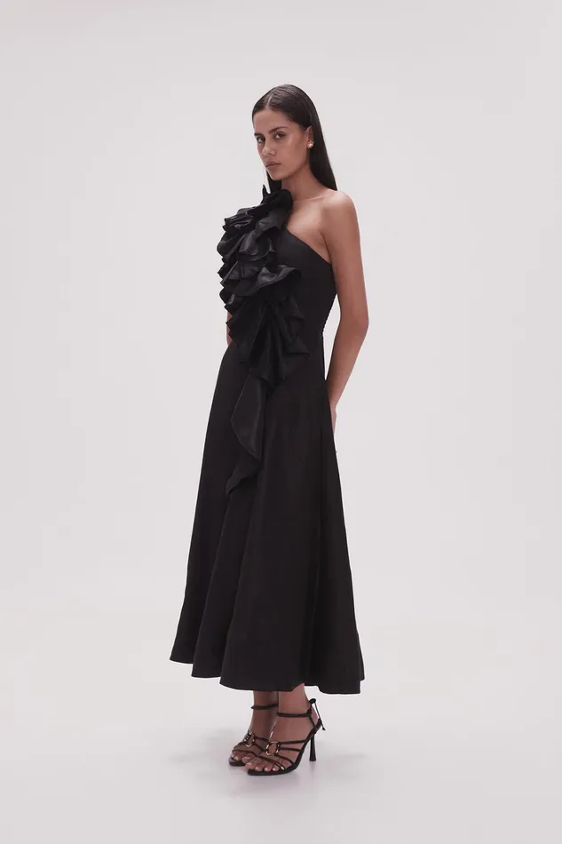 Aje Adelia Ruffle Midi Dress Black Women Dresses