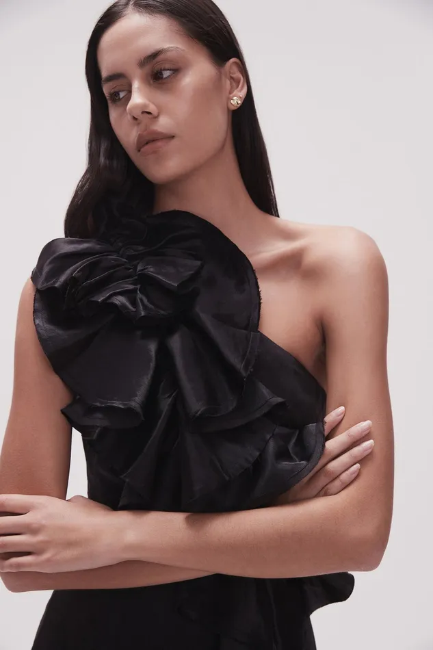 Aje Adelia Ruffle Midi Dress Black Women Dresses