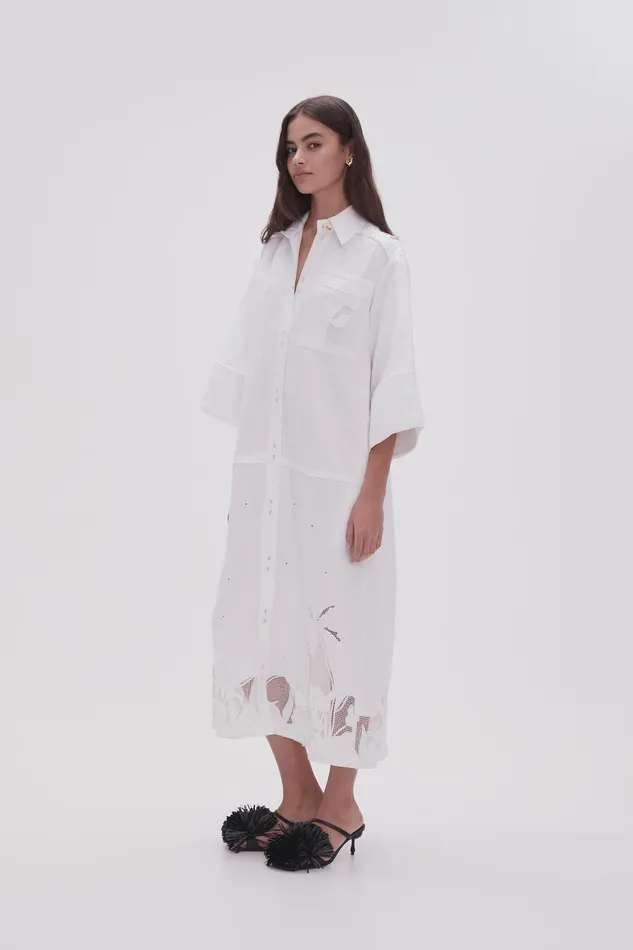 Aje Agua Embroidered Shirt Dress Ivory Women Dresses