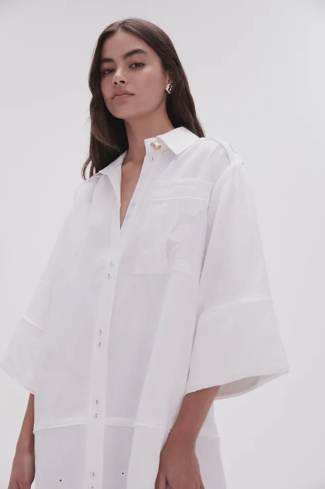 Aje Agua Embroidered Shirt Dress Ivory Women Dresses