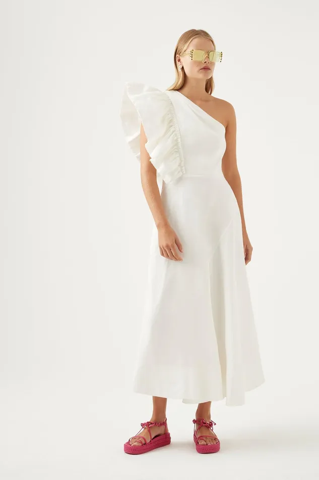 Aje Bonjour Asymmetric Midi Dress Ivory Women Dresses