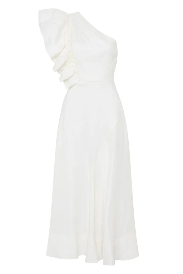 Aje Bonjour Asymmetric Midi Dress Ivory Women Dresses
