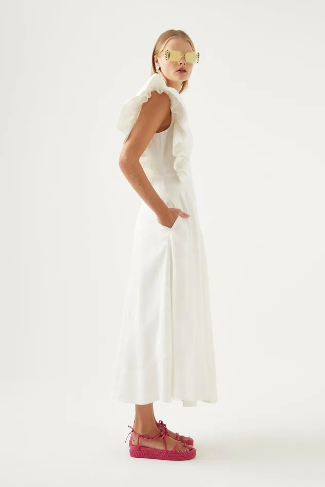 Aje Bonjour Asymmetric Midi Dress Ivory Women Dresses