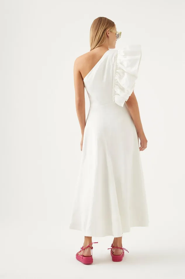 Aje Bonjour Asymmetric Midi Dress Ivory Women Dresses