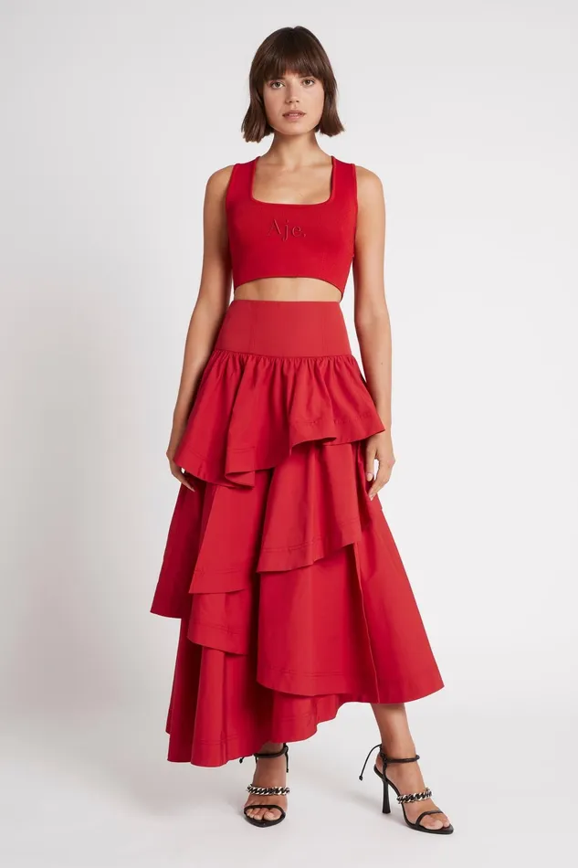 Aje Cosmos Tiered Frill Midi Skirt Scarlet Red Women Skirts