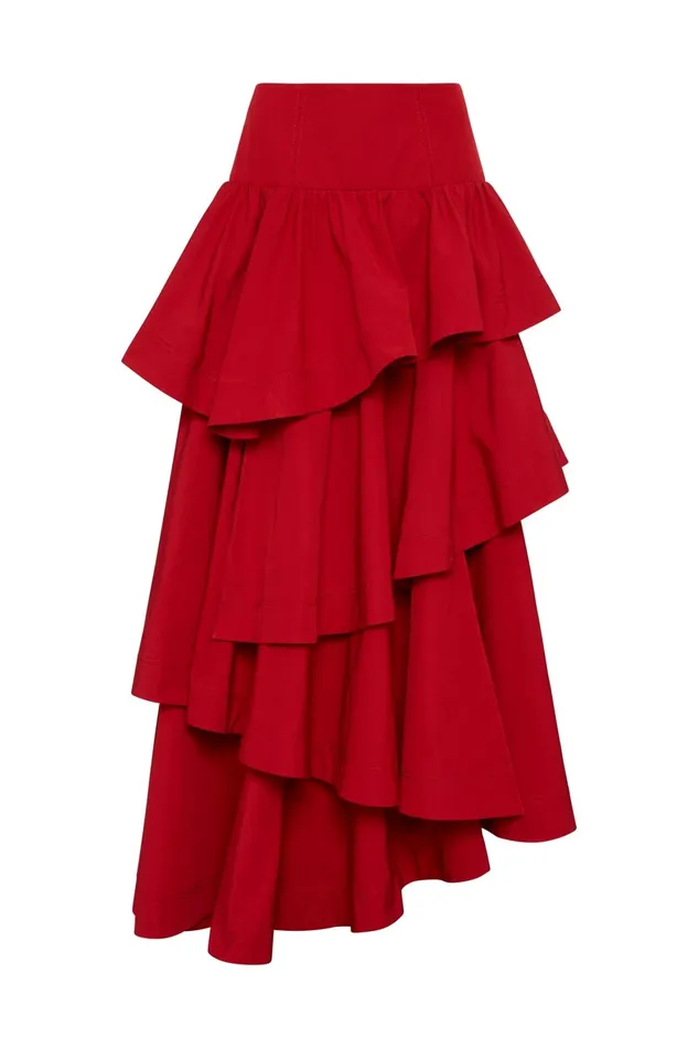 Aje Cosmos Tiered Frill Midi Skirt Scarlet Red Women Skirts