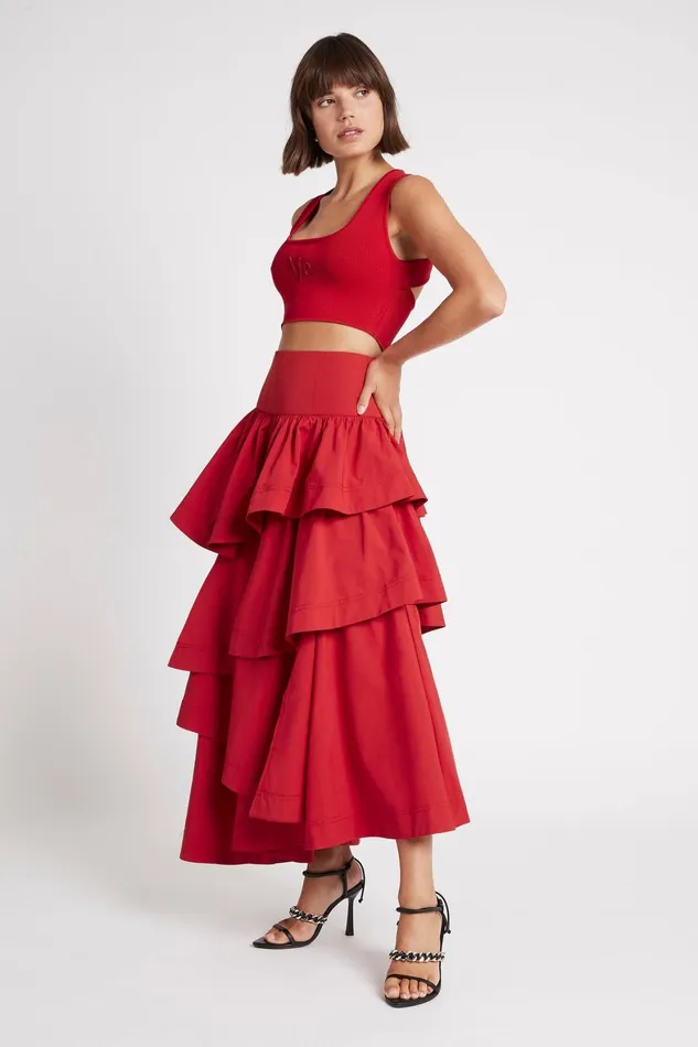 Aje Cosmos Tiered Frill Midi Skirt Scarlet Red Women Skirts