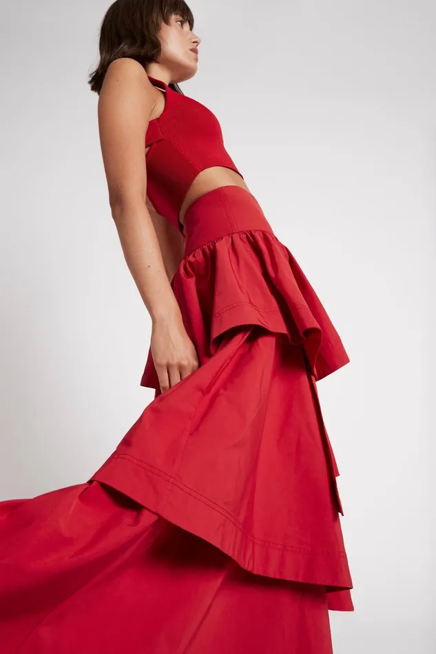 Aje Cosmos Tiered Frill Midi Skirt Scarlet Red Women Skirts