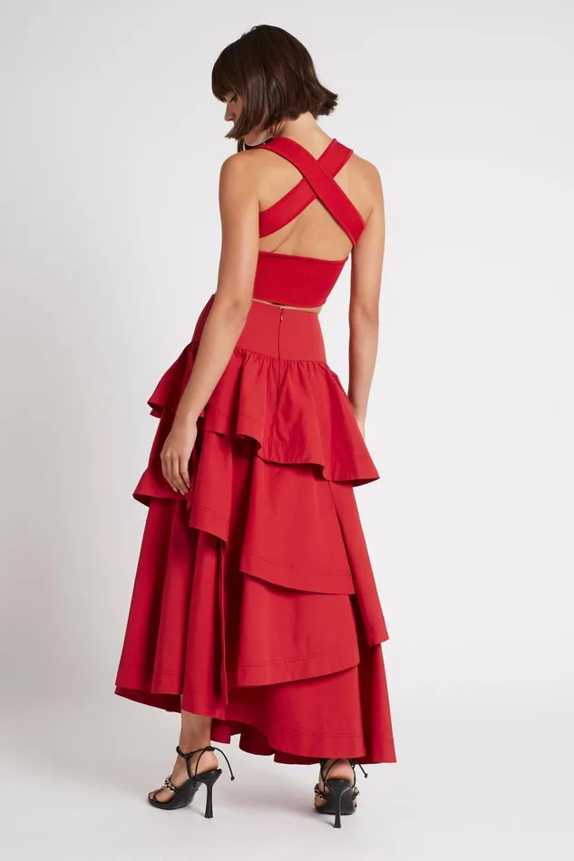 Aje Cosmos Tiered Frill Midi Skirt Scarlet Red Women Skirts