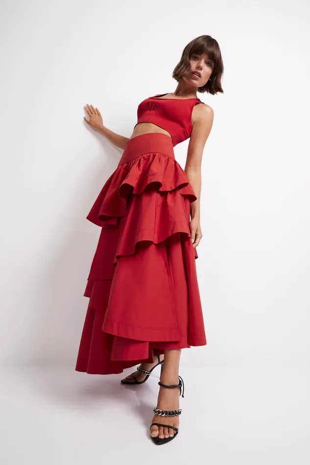 Aje Cosmos Tiered Frill Midi Skirt Scarlet Red Women Skirts