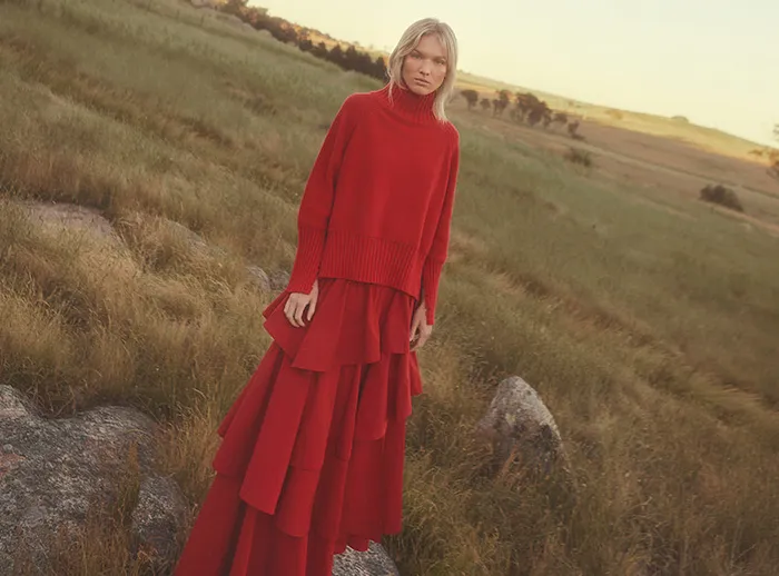 Aje Cosmos Tiered Frill Midi Skirt Scarlet Red Women Skirts