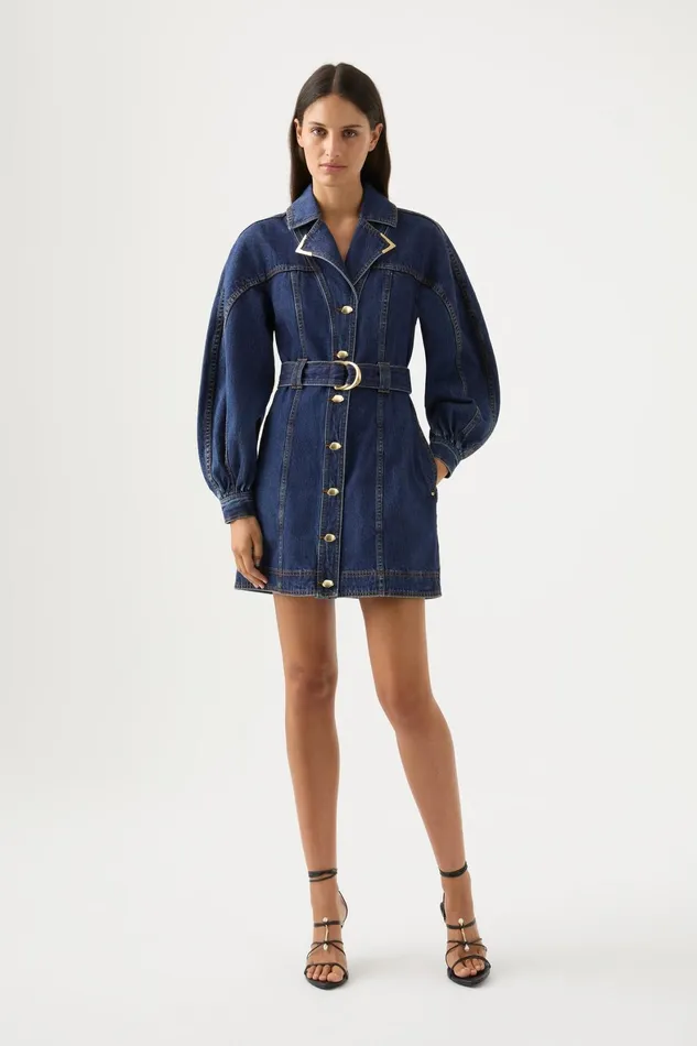Aje Elena Belted Denim Mini Dress Washed Indigo Women Denim
