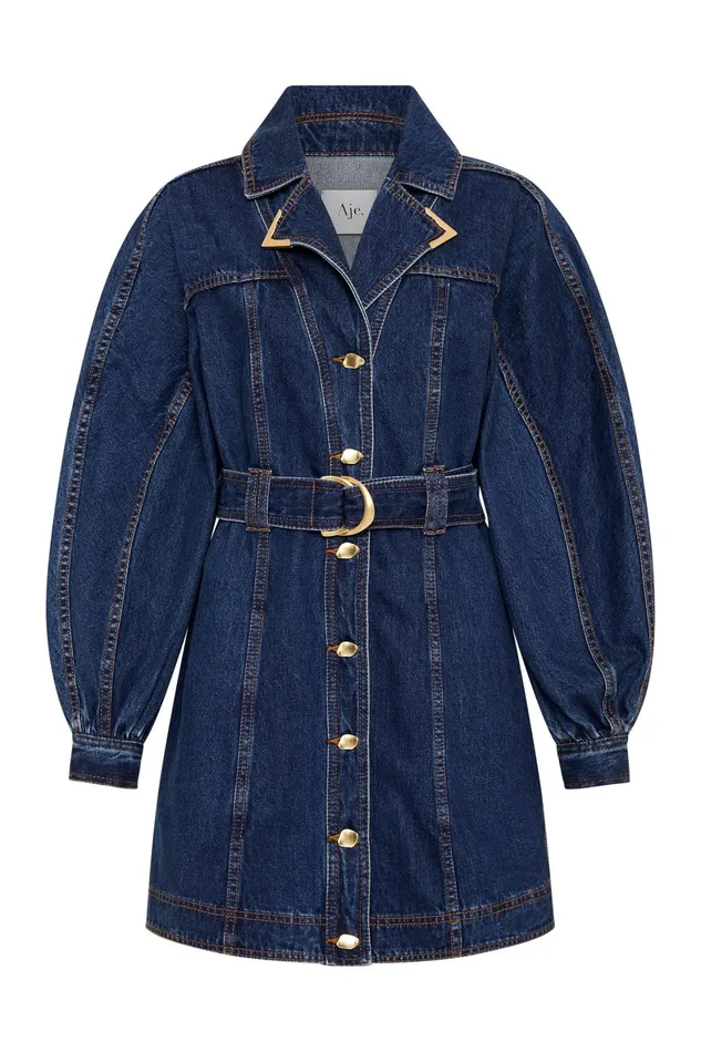 Aje Elena Belted Denim Mini Dress Washed Indigo Women Denim