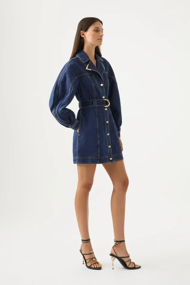 Aje Elena Belted Denim Mini Dress Washed Indigo Women Denim