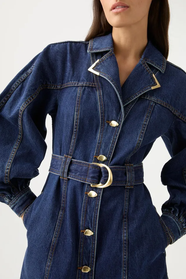 Aje Elena Belted Denim Mini Dress Washed Indigo Women Denim