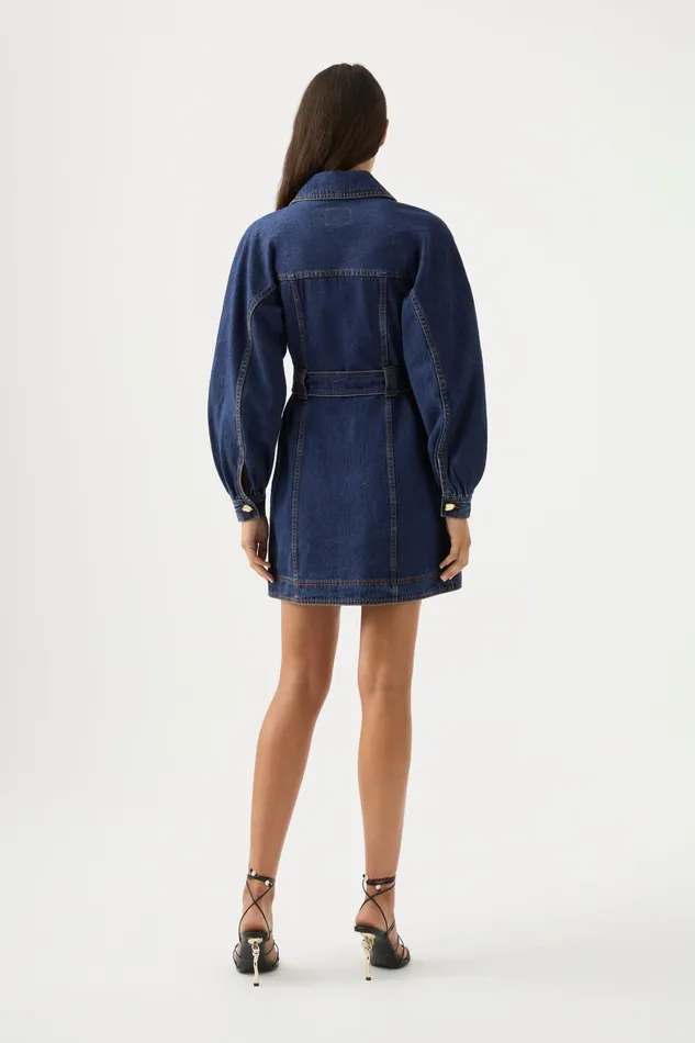 Aje Elena Belted Denim Mini Dress Washed Indigo Women Denim