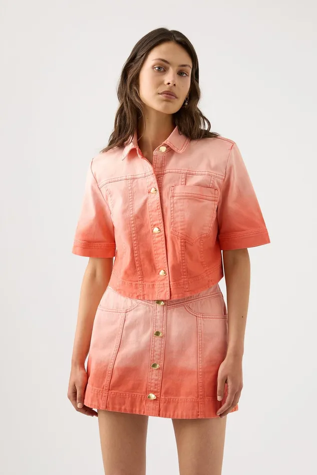 Aje Ember Denim Crop Shirt Coral Sunset Women Tops