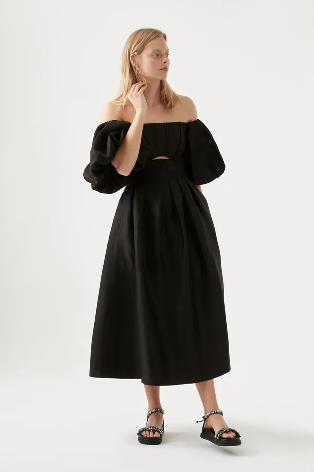 Aje Eugenie Off Shoulder Midi Dress Black Women Dresses