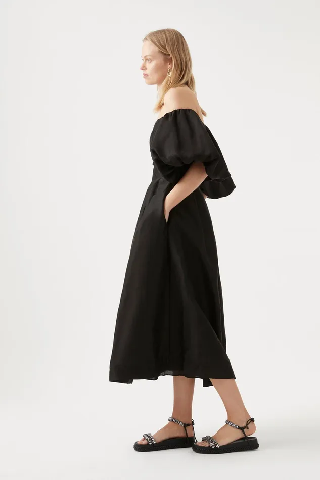 Aje Eugenie Off Shoulder Midi Dress Black Women Dresses