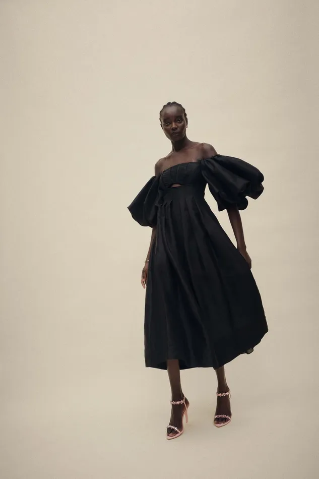 Aje Eugenie Off Shoulder Midi Dress Black Women Dresses