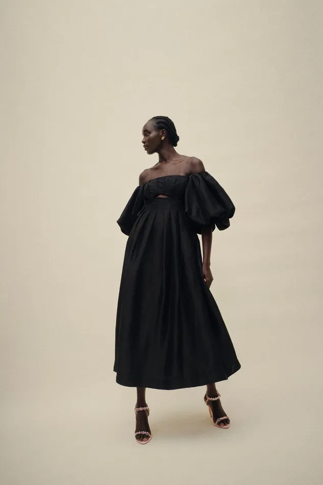Aje Eugenie Off Shoulder Midi Dress Black Women Dresses