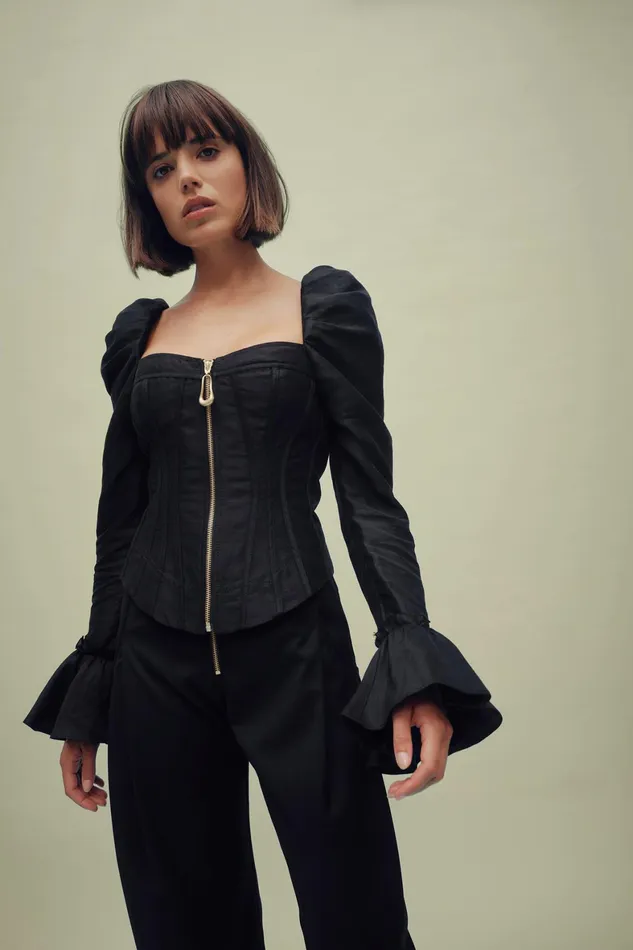 Aje Giselle Long Sleeve Corset Top Black Women Tops