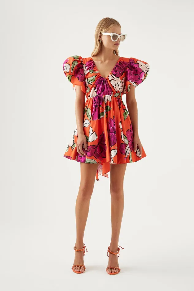 Aje Gretta Bow Back Mini Dress Vivid Camellia Women Dresses