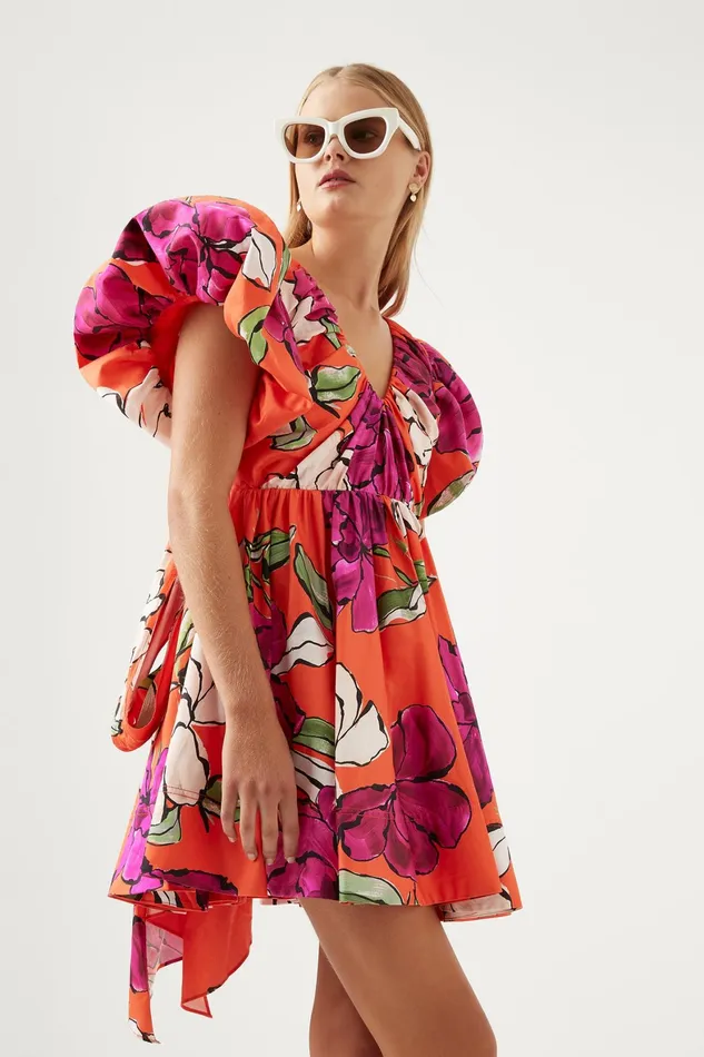 Aje Gretta Bow Back Mini Dress Vivid Camellia Women Dresses