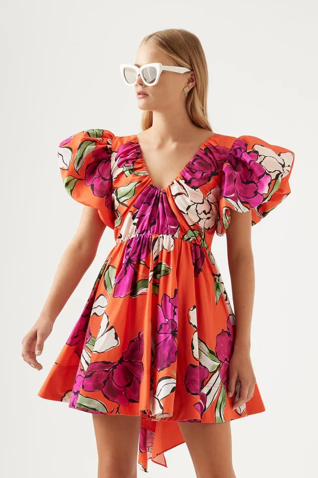 Aje Gretta Bow Back Mini Dress Vivid Camellia Women Dresses
