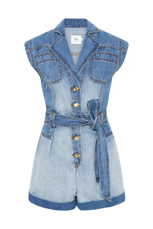 Aje Ines Panelled Denim Playsuit Twin Tone Indigo Women Playsuits and Jumpsuits