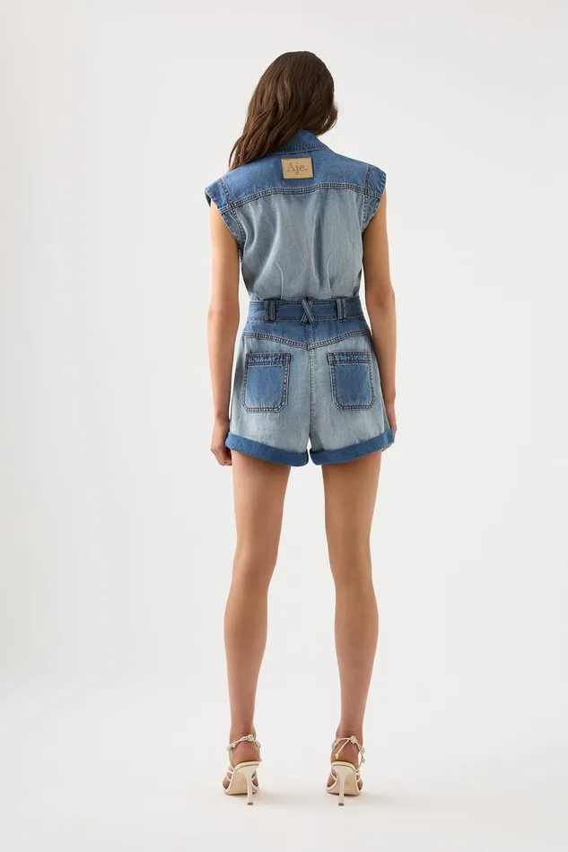 Aje Ines Panelled Denim Playsuit Twin Tone Indigo Women Playsuits and Jumpsuits