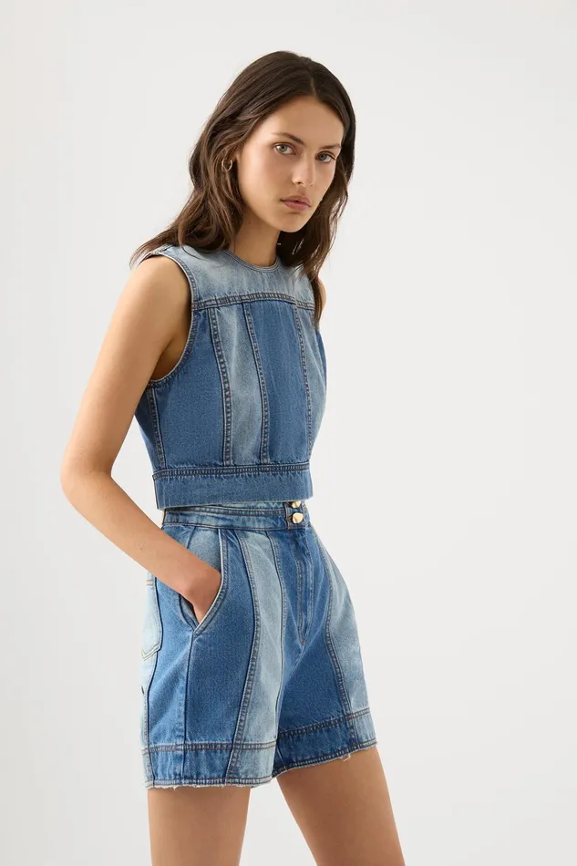 Aje Ines Panelled Denim Shell Top Twin Tone Indigo Women Tops