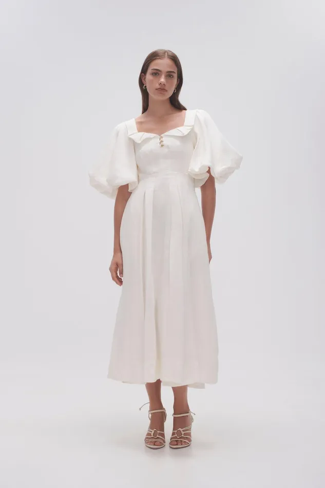 Aje Jessica Frill Midi Dress Ivory Women Dresses