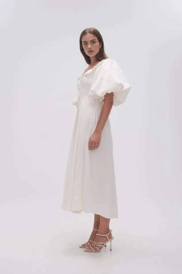 Aje Jessica Frill Midi Dress Ivory Women Dresses