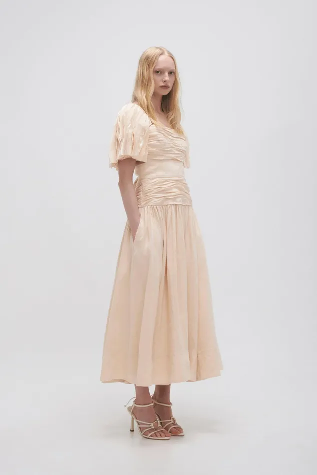 Aje Marianne Ruched Midi Dress Coconut Cream Women Dresses