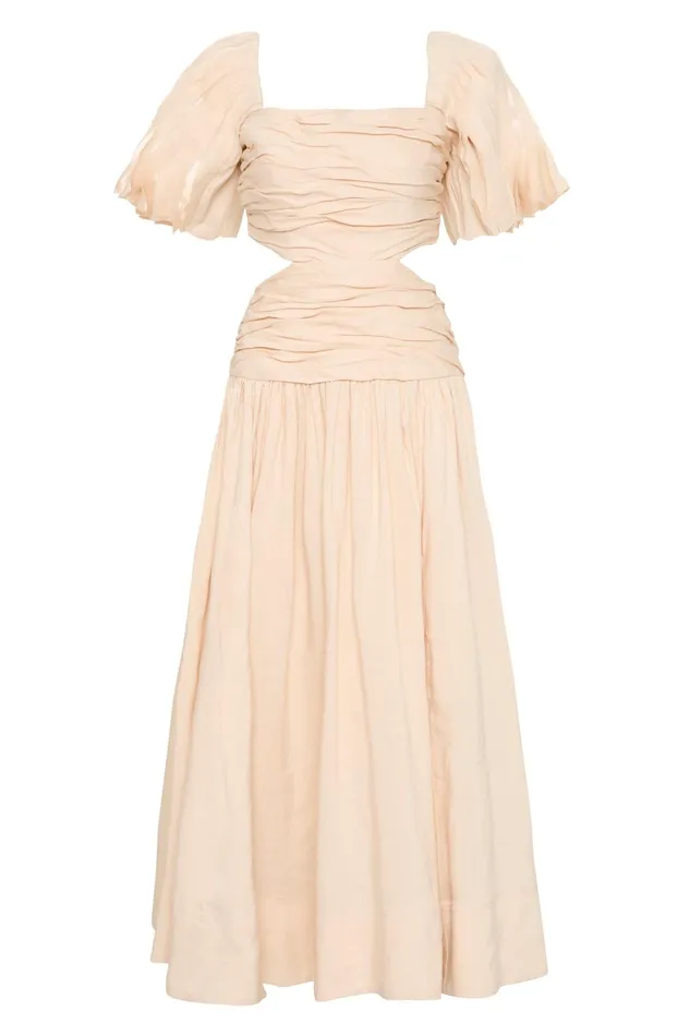 Aje Marianne Ruched Midi Dress Coconut Cream Women Dresses