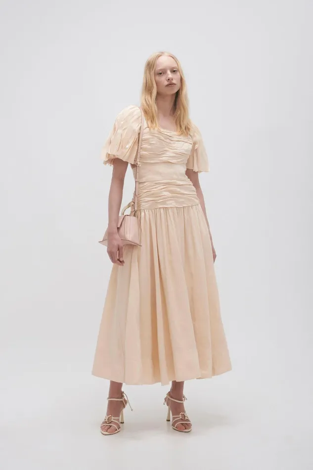 Aje Marianne Ruched Midi Dress Coconut Cream Women Dresses