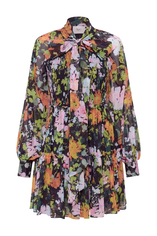 Aje Marlowe Shirred Mini Dress Midnight Floral Women Dresses