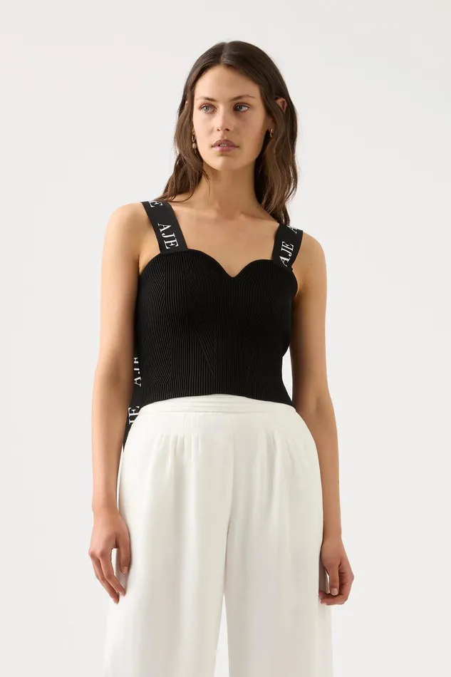 Aje Mira Logo Strap Knit Bustier Black Women Body and Crepe Knit