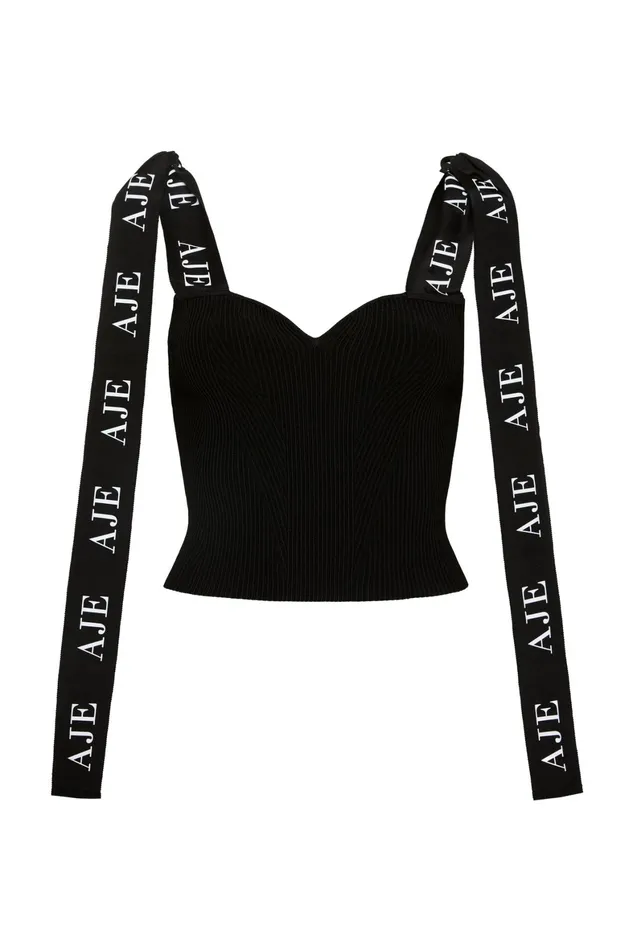 Aje Mira Logo Strap Knit Bustier Black Women Body and Crepe Knit
