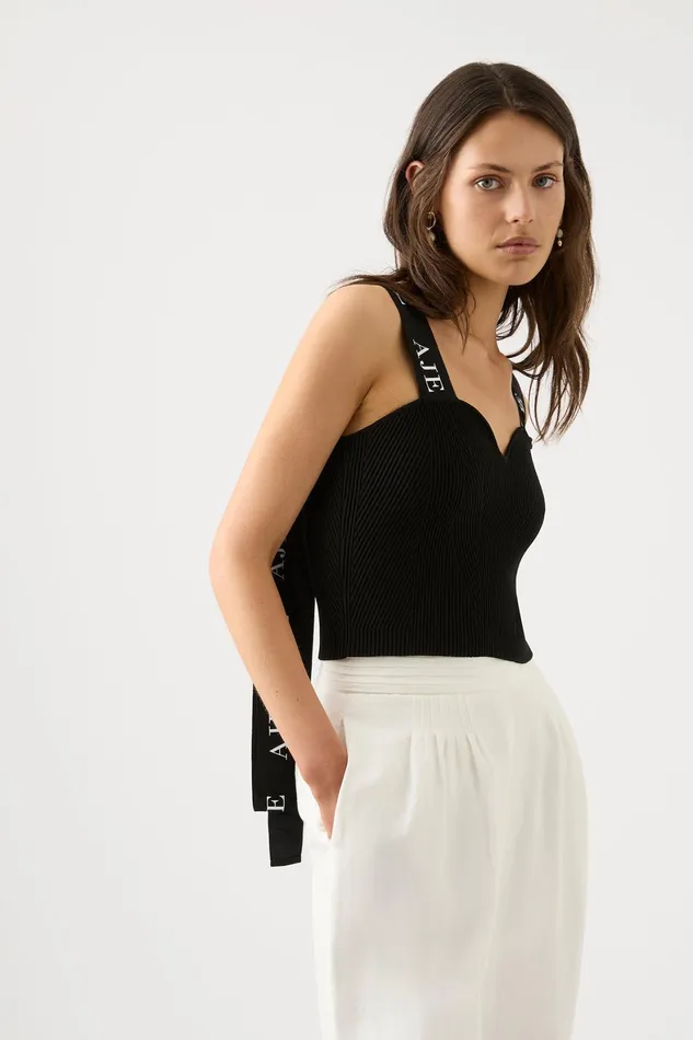 Aje Mira Logo Strap Knit Bustier Black Women Body and Crepe Knit