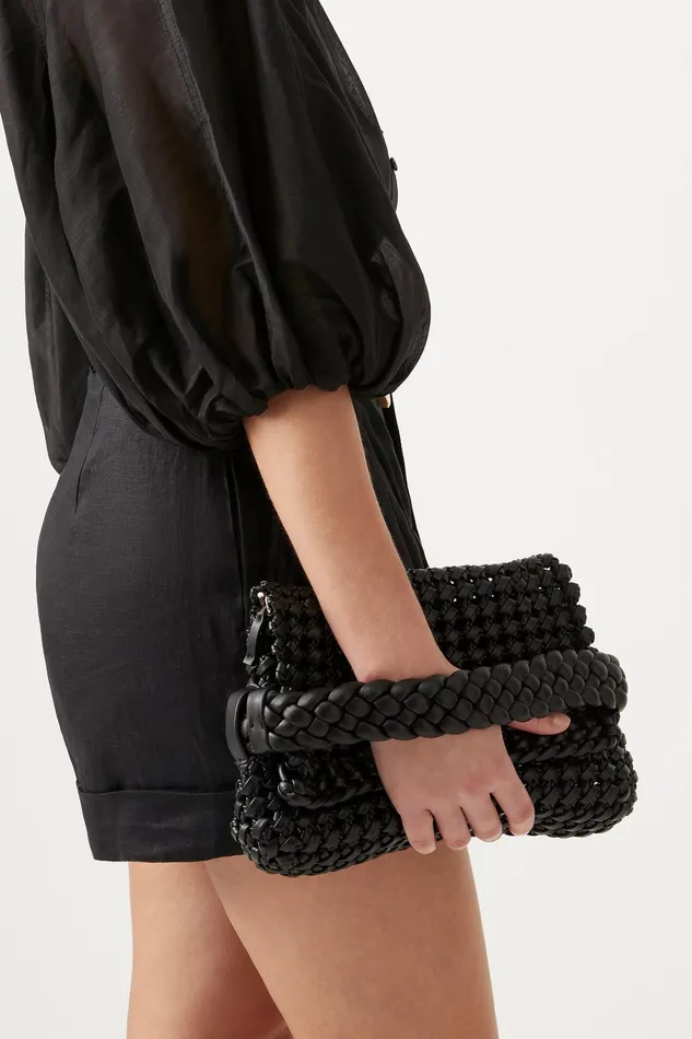 Aje Mirage Woven Chain Clutch Black Women Handbags and Wallets