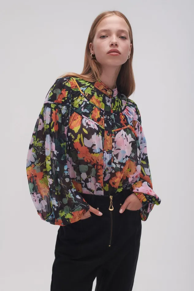 Aje Nellie Ruched Swing Blouse Midnight Floral Women Tops