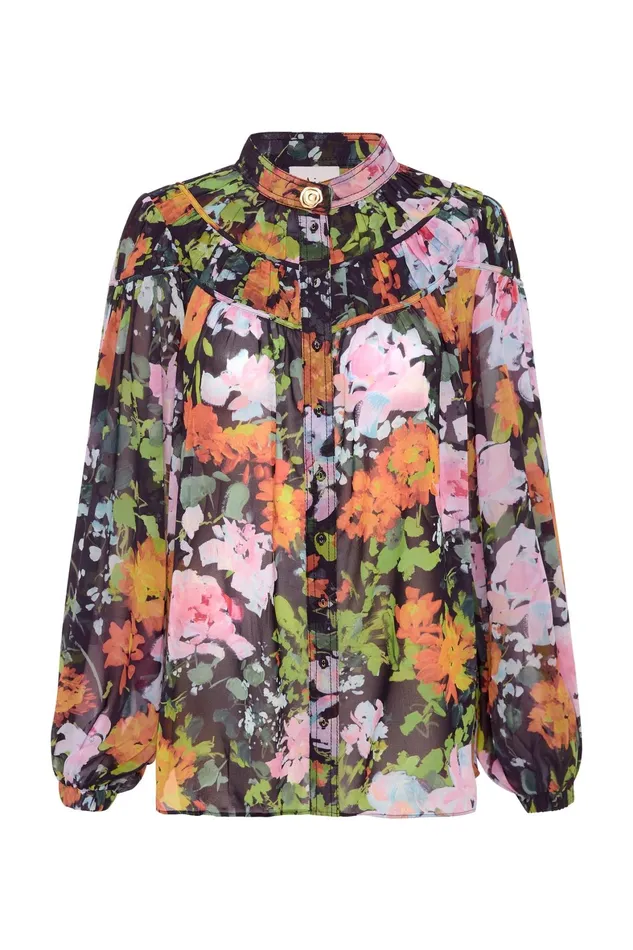 Aje Nellie Ruched Swing Blouse Midnight Floral Women Tops