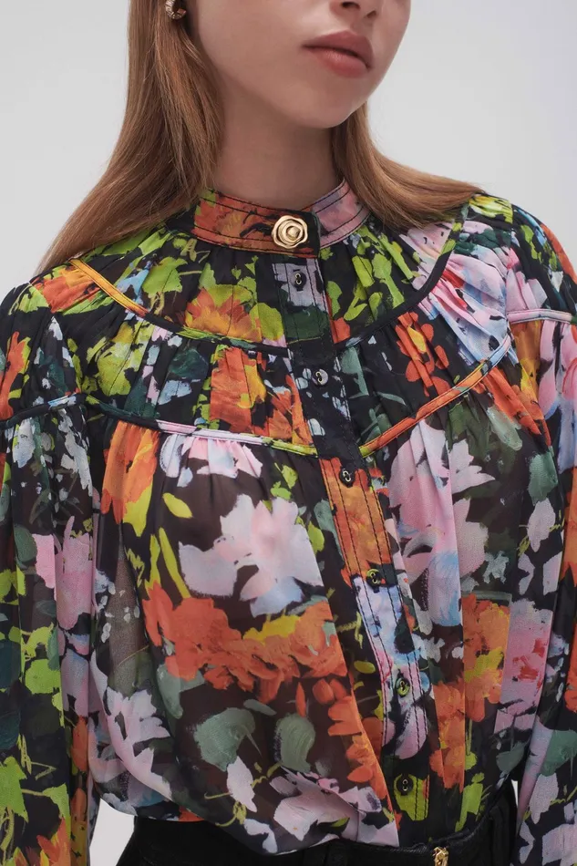 Aje Nellie Ruched Swing Blouse Midnight Floral Women Tops