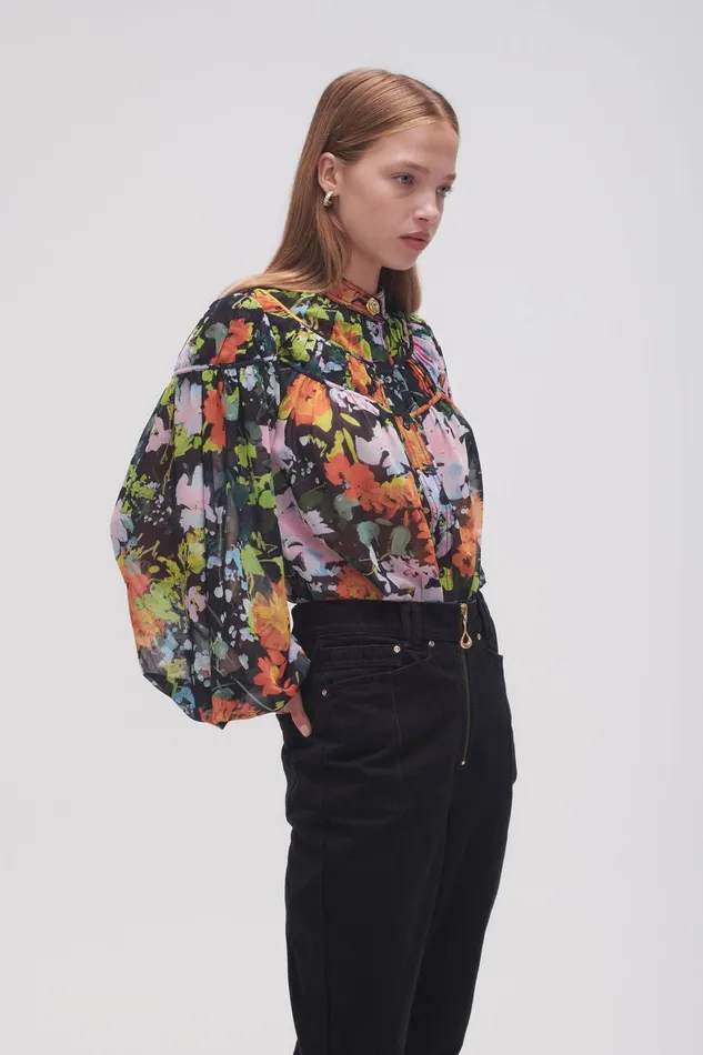 Aje Nellie Ruched Swing Blouse Midnight Floral Women Tops